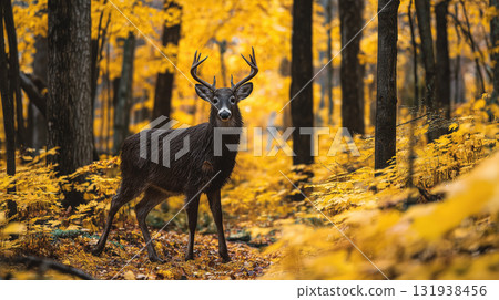 The majestic stag standing in a golden forest | A mystical landscape heralding the deepening of autumn 131938456