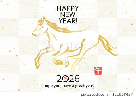 2026 Japanese New Year's material: Checkered pattern with horse 2026 Japanese New Year's material: Checkered pattern with horse 131938457