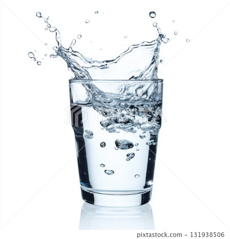 Clear water splashes dramatically from a glass filled to the brim during a refreshing moment at home 131938506