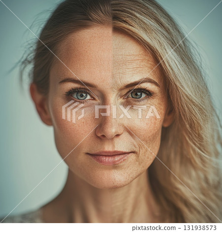 Exploring the contrast between youth and aging in a split portrait of a womans face showing vibrant and weathered features 131938573