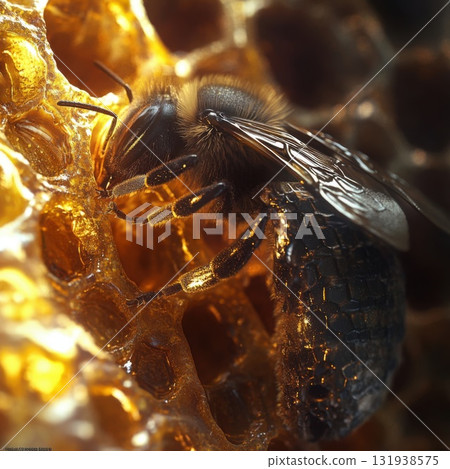 Close-up of a bee working on honeycomb during daylight in a natural setting 131938575