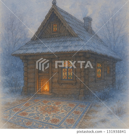 雪中木屋與彩繪玻璃窗的溫馨水彩插畫 131938841