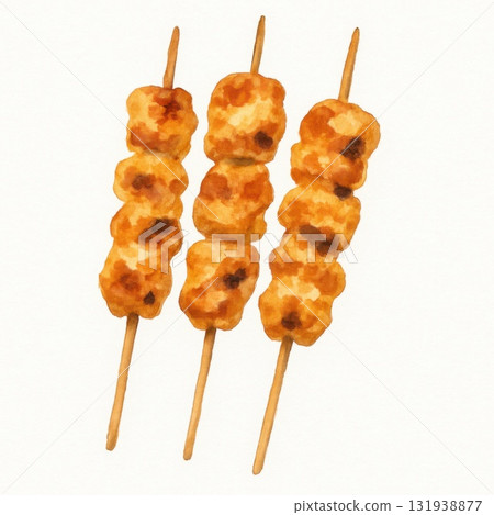 Watercolor Illustration of Delicious Satay Chicken Skewers Culinary Art Isolated on White Background Vibrant Colors Food Concept 131938877