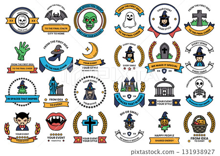 A collection of Halloween themed badges and ribbons A collection of Halloween themed badges and ribbons 131938927