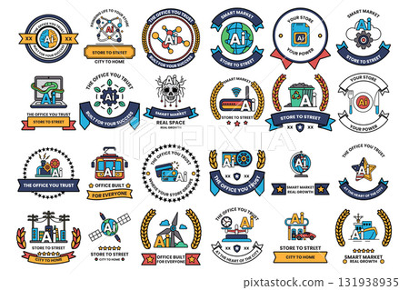 A collection of badges with a variety of designs and themes 131938935