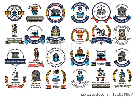 A collection of symbols and icons, including a dinosaur, a statue of a man A collection of symbols and icons, including a dinosaur, a statue of a man 131938967