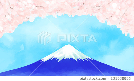水彩富士山和櫻花拱門向量插畫風景 131938995