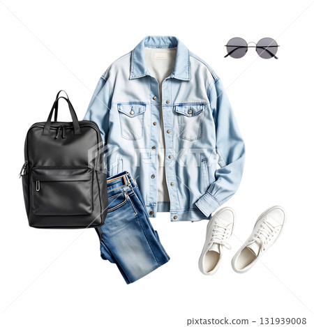 Stylish casual outfit flat lay for modern lifestyles, featuring jacket, jeans, backpack, sneakers and sunglasses, perfect for editorial fashion spreads 131939008