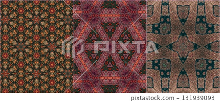Traditional design with phulkari kalamkari motifs from Pakistan and Indian culture. Geometric ethnic floral pattern for carpet dupatta batik embroidery. Panjabi Digital print as boho Aztec texture art 131939093
