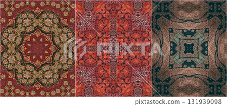 Traditional design with phulkari kalamkari motifs from Pakistan and Indian culture. Geometric ethnic floral pattern for carpet dupatta batik embroidery. Panjabi Digital print as boho Aztec texture art 131939098