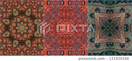 Traditional design with phulkari kalamkari motifs from Pakistan and Indian culture. Geometric ethnic floral pattern for carpet dupatta batik embroidery. Panjabi Digital print as boho Aztec texture art 131939100