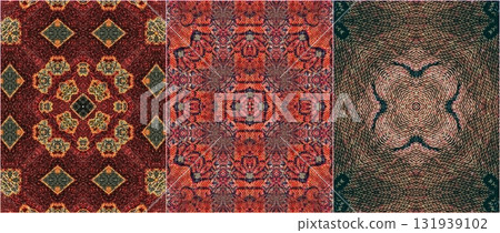 Traditional design with phulkari kalamkari motifs from Pakistan and Indian culture. Geometric ethnic floral pattern for carpet dupatta batik embroidery. Panjabi Digital print as boho Aztec texture art 131939102