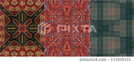 Traditional design with phulkari kalamkari motifs from Pakistan and Indian culture. Geometric ethnic floral pattern for carpet dupatta batik embroidery. Panjabi Digital print as boho Aztec texture art 131939103