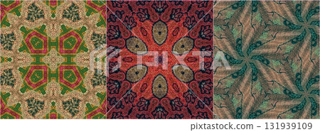 Traditional design with phulkari kalamkari motifs from Pakistan and Indian culture. Geometric ethnic floral pattern for carpet dupatta batik embroidery. Panjabi Digital print as boho Aztec texture art 131939109