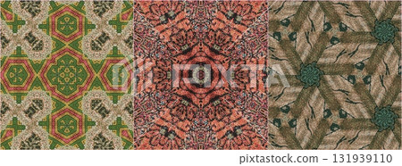Traditional design with phulkari kalamkari motifs from Pakistan and Indian culture. Geometric ethnic floral pattern for carpet dupatta batik embroidery. Panjabi Digital print as boho Aztec texture art 131939110