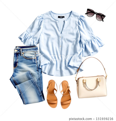 Effortless chic style with light blue blouse, denim jeans, and sandals for the modern woman's daily wardrobe, perfect for a stylish everyday look. Effortless chic style with light blue blouse, denim jeans, and sandals for the modern woman's daily wardrobe, perfect for a stylish everyday look. 131939216