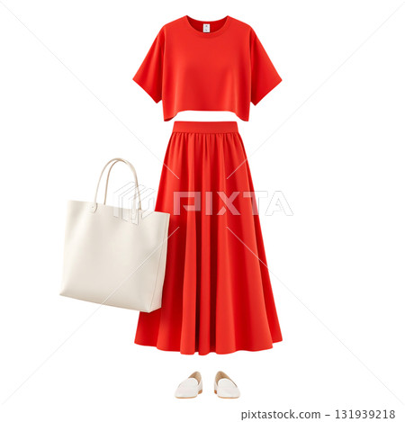 Stylish red skirt and top outfit with white tote bag and shoes, perfect for summer fashion and effortless style, radiating confidence and modern elegance 131939218