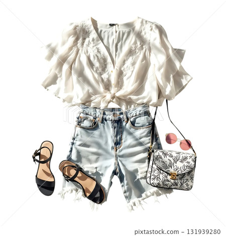 Stylish summer outfit flat lay featuring a white top, denim shorts, sandals, sunglasses and purse, perfect for fashion bloggers and online shops, trendy vibes Stylish summer outfit flat lay featuring a white top, denim shorts, sandals, sunglasses and purse, perfect for fashion bloggers and online shops, trendy vibes 131939280