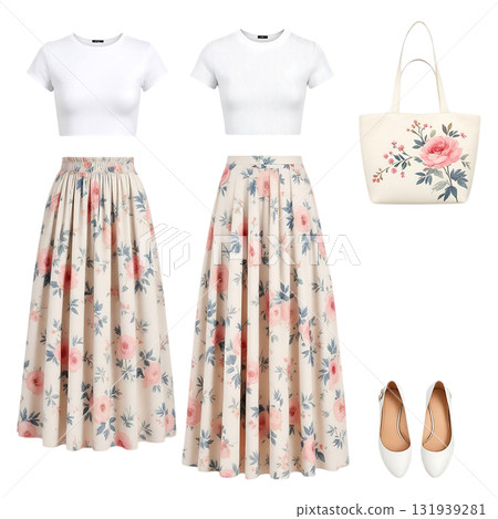 Elegant floral midi skirts paired with casual tops & tote, perfect for spring fashion inspiration & style guides, classic feminine apparel collection Elegant floral midi skirts paired with casual tops & tote, perfect for spring fashion inspiration & style guides, classic feminine apparel collection 131939281
