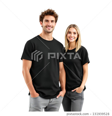 Smiling couple wearing black t-shirts, perfect for showcasing your apparel designs. Ideal for mockups, fashion promos, and branding campaigns with style and ease. Smiling couple wearing black t-shirts, perfect for showcasing your apparel designs. Ideal for mockups, fashion promos, and branding campaigns with style and ease. 131939528