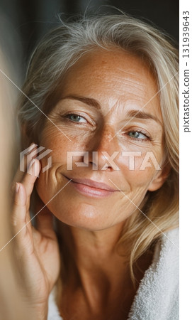 Mature woman smiling applying moisturizer to her face 131939643