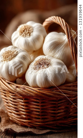 Fresh garlic bulbs in rustic wicker basket 131939644