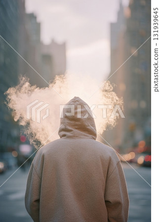 Person in hoodie exhaling in cold city street 131939645