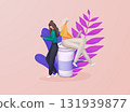 Women sit on a large cup and working. Concept coffee break, coffee shop, communication and work/education. 3d vector illustration. Women sit on a large cup and working. Concept coffee break, coffee shop, communication and work/education. 3d vector illustration. 131939877
