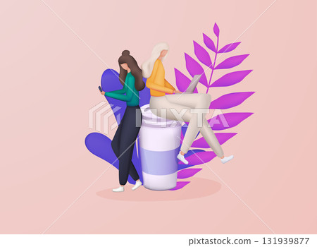 Women sit on a large cup and working. Concept coffee break, coffee shop, communication and work/education. 3d vector illustration. Women sit on a large cup and working. Concept coffee break, coffee shop, communication and work/education. 3d vector illustration. 131939877