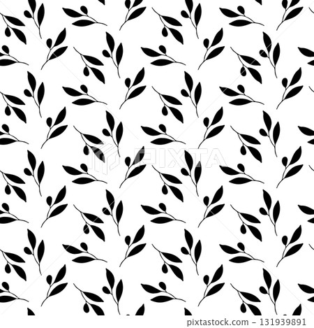 Olive branch hand drawn silhouette leaves seamless pattern for textile design. Simple line art monochrome background 131939891