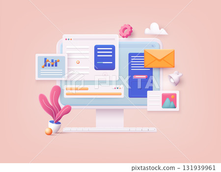 3D Web Vector Illustrations. Computer with open pages. Landing page template for web. 131939961