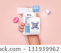 3D Web Vector Illustrations. Hands holding phone with Paying bills. Payment of utility, bank, restaurant and other. Flat design modern vector illustration concept. 3D Web Vector Illustrations. Hands holding phone with Paying bills. Payment of utility, bank, restaurant and other. Flat design modern vector illustration concept. 131939962