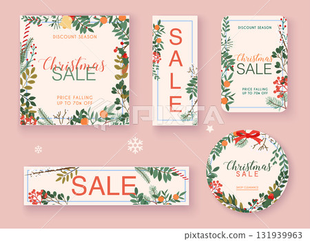 Christmas sale banner set. Discount season. Winter leafs on the background. Flat design modern vector illustration concept. Christmas sale banner set. Discount season. Winter leafs on the background. Flat design modern vector illustration concept. 131939963