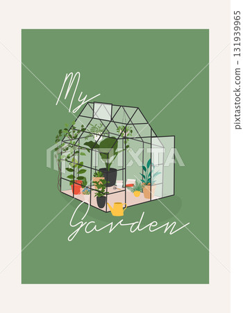 Garden, flowers and plants at home and outdoor. Glass greenhouse, home garden. 131939965
