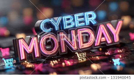 Cyber Monday neon sign with shopping cart icons on digital background, highlighting online shopping excitement Cyber Monday neon sign with shopping cart icons on digital background, highlighting online shopping excitement 131940045
