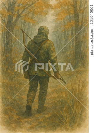 A lonely archer in the forest. Watercolor illustration of a man walking in the misty autumn woods. 131940061