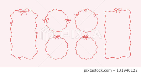 Bow circle and rectangle coquette frame set. Vintage lace ribbon round border. Hand drawn circle line bow frame. Doodle girly decorative red border. Vector illustration isolated on pink background Bow circle and rectangle coquette frame set. Vintage lace ribbon round border. Hand drawn circle line bow frame. Doodle girly decorative red border. Vector illustration isolated on pink background 131940122