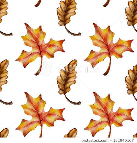Seamless autumn pattern of maple and oak leaves,symbolizing leaf fall,harvest,and the withering of nature.Hand drawn watercolor and colored pencils illustrations Seamless autumn pattern of maple and oak leaves,symbolizing leaf fall,harvest,and the withering of nature.Hand drawn watercolor and colored pencils illustrations 131940167