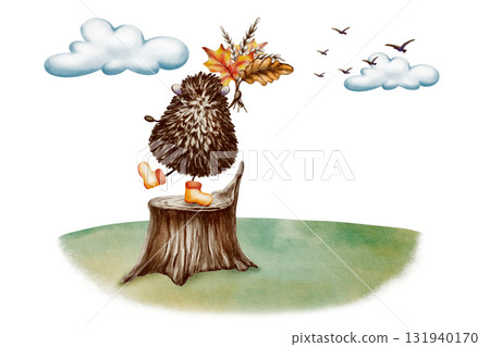 Hedgehog in yellow rain boots,holding a bouquet of autumn oak and maple leaves and wheat spikes,stands on a stump and waves at the birds migrating to warmer skies.Watercolor and colored pencils Hedgehog in yellow rain boots,holding a bouquet of autumn oak and maple leaves and wheat spikes,stands on a stump and waves at the birds migrating to warmer skies.Watercolor and colored pencils 131940170