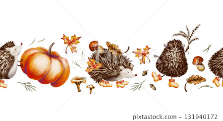 Forest character,a hedgehog,in a cute childrens style on seamless autumn border,wearing yellow rubber boots and holding a bouquet of wheat spikes,oak,maple leaves,mushrooms,big pumpkin 131940172