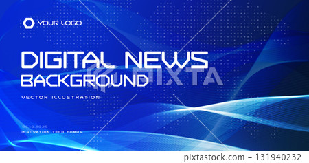 Digital news background, blue tech waves pattern, futuristic grid world map dots. For media banners, TV broadcast graphics, website headers, conference promo. Vector illustration. 131940232
