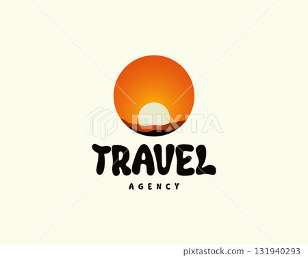 Travel logo concept sunset desert icon with playful rounded alphabet. Sundown vector logotype for traveling agency logos, tourism, parks. Abstract round retro vintage style. Vector illustration Travel logo concept sunset desert icon with playful rounded alphabet. Sundown vector logotype for traveling agency logos, tourism, parks. Abstract round retro vintage style. Vector illustration 131940293