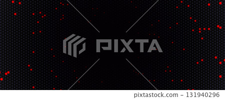 Futuristic dark hexagon honeycomb tech background, red glowing particles for cyber, data, gaming, esports, websites, presentations. Black Hi-tech backgrounds for banners and apps. Vector illustration 131940296