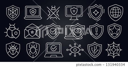 Outlined cybersecurity icons with shields, bugs, checkmarks, monitors, envelopes, and circuits. Malware alert, antivirus system, email and network security. Line stroke style. Vector illustration. Outlined cybersecurity icons with shields, bugs, checkmarks, monitors, envelopes, and circuits. Malware alert, antivirus system, email and network security. Line stroke style. Vector illustration. 131940334