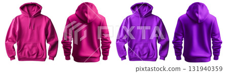 2 Set of purple pink violet front and back view tee hoodie hoody sweatshirt on transparent background cutout, PNG file. Mockup template for artwork graphic 131940359
