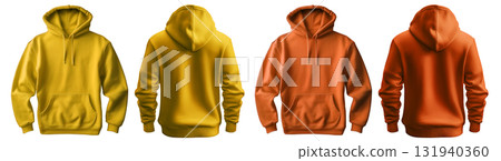 2 Set of orange yellow front and back view tee hoodie hoody sweatshirt on transparent background cutout, PNG file. Mockup template for artwork graphic 131940360