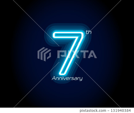 Blue neon number seven years, 7 anniversary logo on black background. Shiny luminous jubilee sign for celebration emblem of cyber event party, digital startup, gambling icon. Vector illustration. 131940384