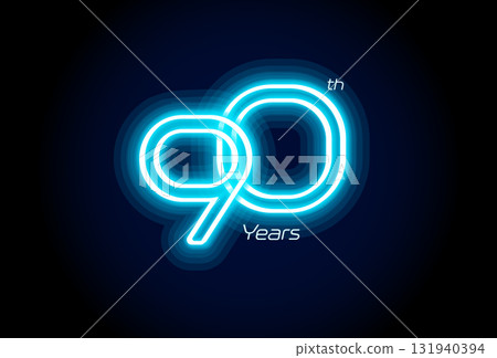 Blue neon number ninety years, 90th anniversary logo on black background. Shiny luminous jubilee sign for celebration emblem of cyber event party, digital startup, gambling icon. Vector illustration. 131940394