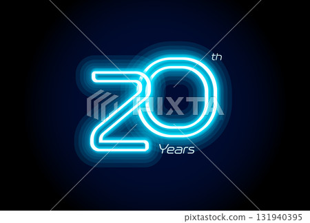 Blue neon number twenty years, 20th anniversary logo on black background. Shiny luminous jubilee sign for celebration emblem of cyber event party, digital startup, gambling icon. Vector illustration. 131940395