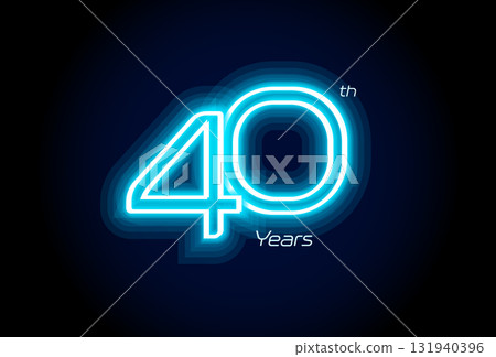 Blue neon number forty years, 40th anniversary logo on black background. Shiny luminous jubilee sign for celebration emblem of cyber event party, digital startup, gambling icon. Vector illustration. 131940396